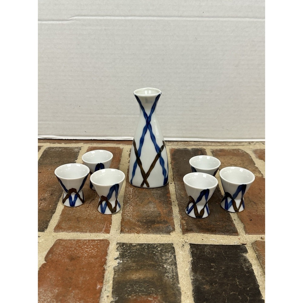 Vintage Paul Marshall Sake Set Bottle & 6 Small Cups Porcelain Striped Japan